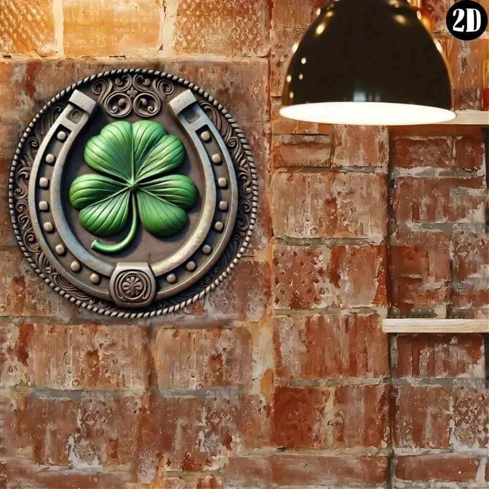 Vintage podkovy a čtyřlístky kovová nástěnná dekorace Zelená rustikální dekorace Domov Kavárna Garáž Venkovní