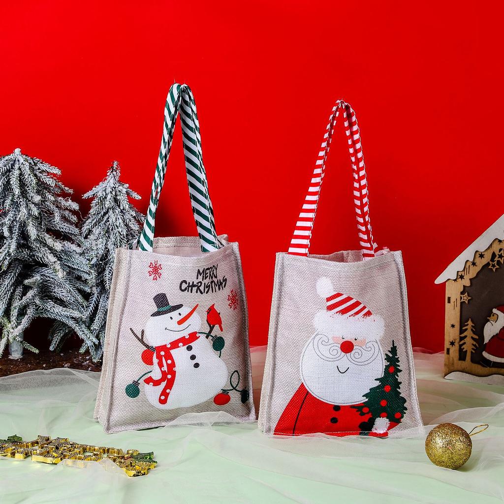 Christmas Candy Apple Pouch Santa Snowman Print Gift Bag Natural Jute Fabric Reusable Holiday Party Favor Storage