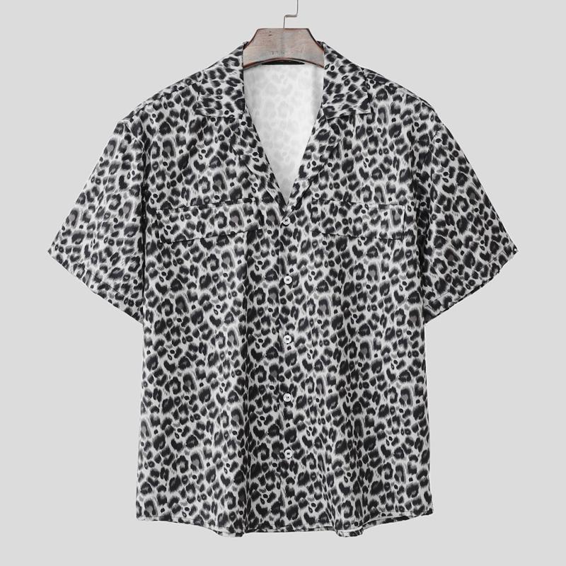 

INCERUN Oversized Summer Men Lapel Short Sleeve Leopard Print Shirts XL белый