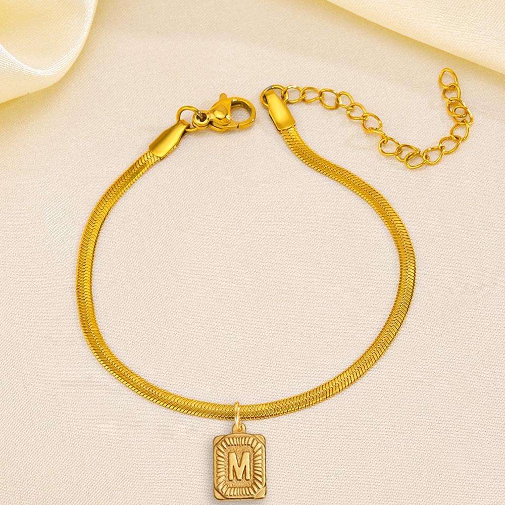 Punk Initial Letter Square Charm Bracelet Female Gold Color Stainless Steel 3mm Flat Snake Chain Link Bracelet for Women Jewelry
