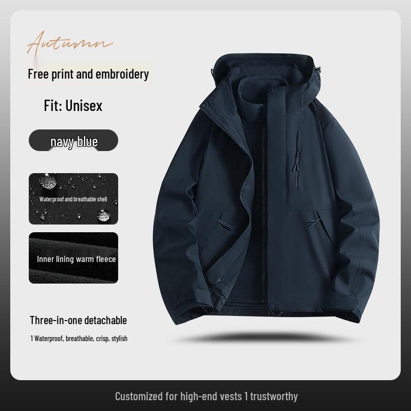 Three-in-One Expedition Jacket: Custom Winter Workwear with Logo Printing, Team Cotton Jacket, Plus Velvet Thickened.