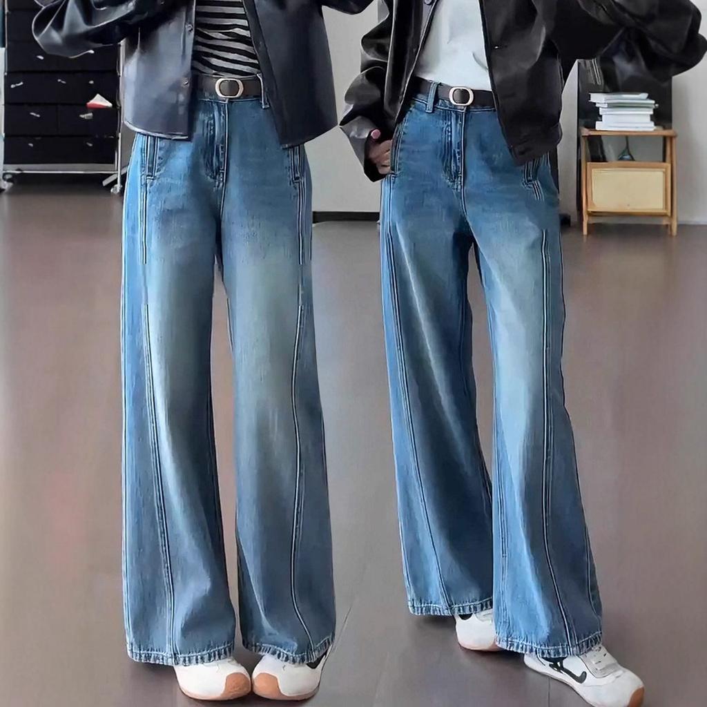 Women's High Waist Wide Leg Jeans Vintage Blue Solid Color Loose Bootcut Denim Trousers Lazy Commuter Long Pants