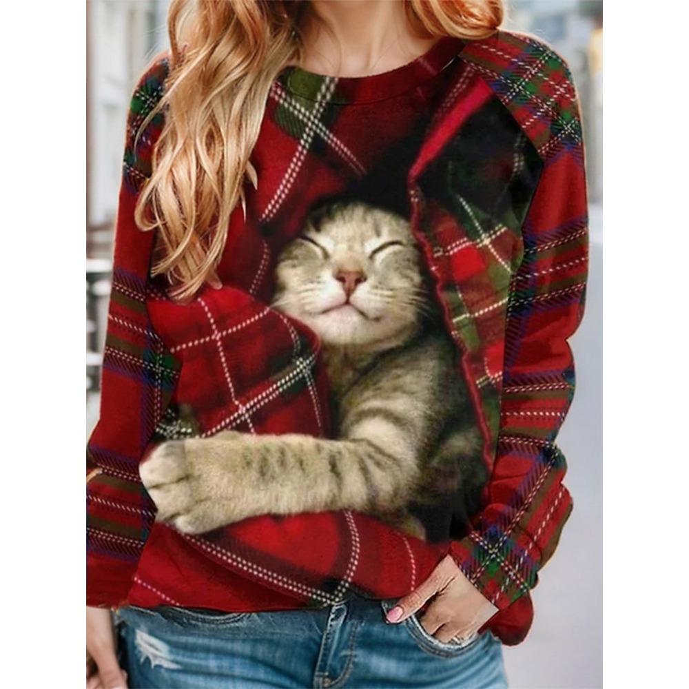 Large-sized Women's Pullover Christmas Sweatshirt Plaid Cat Casual Sportswear Festival Round Neck Long Sleeve Top Micro-elastic Fall & Winte