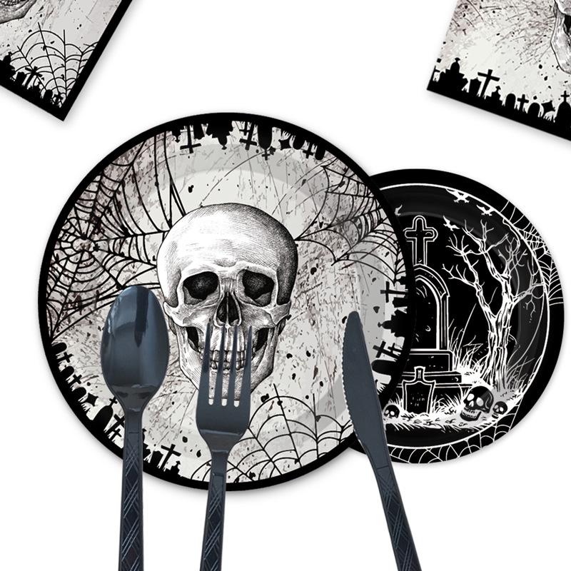 Dark Wind Totenkopf Tag der Toten Karnevalsparty Geschirr Pappteller Pappbecher Servietten Tischdecken Festivalzubehör
