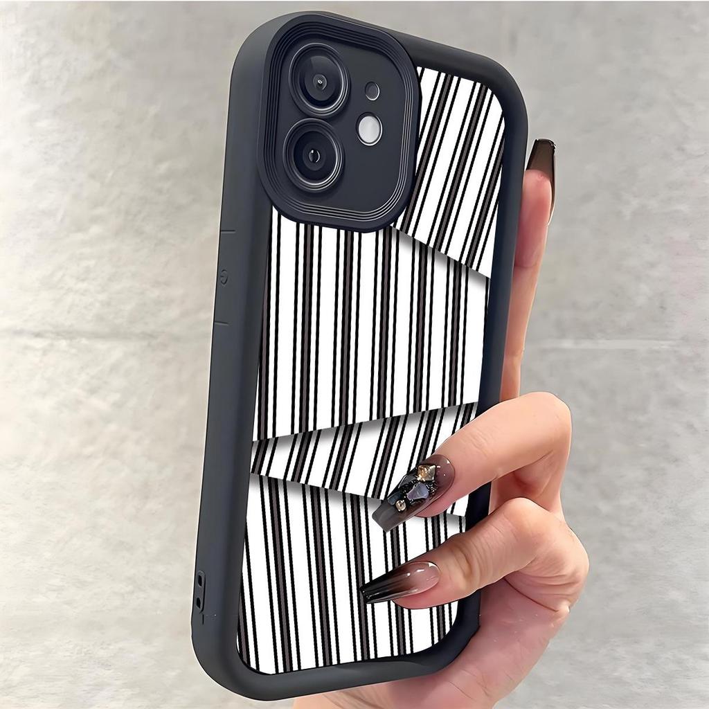 Black & White Stripe Groove iPhone 15/16/17 Case - Sandpaper Grip & Stair Step Protection