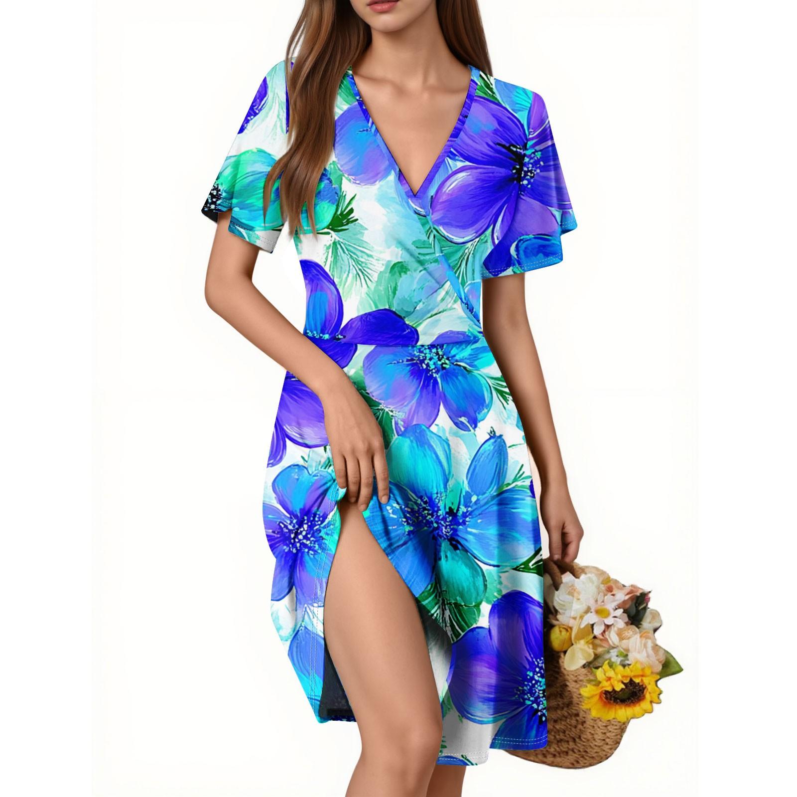 

Женское платье с рукавами-трубами, короткими рукавами, повседневное платье с цветочным принтом и V-образным вырезом S синий