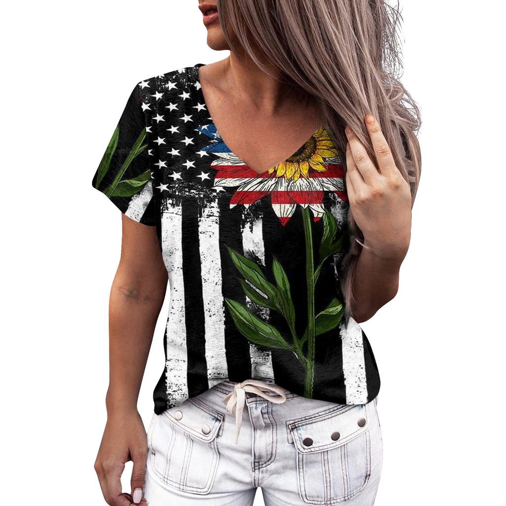 Summer Women Floral Print V Neck Short Sleeve Loose 3D T Shirt