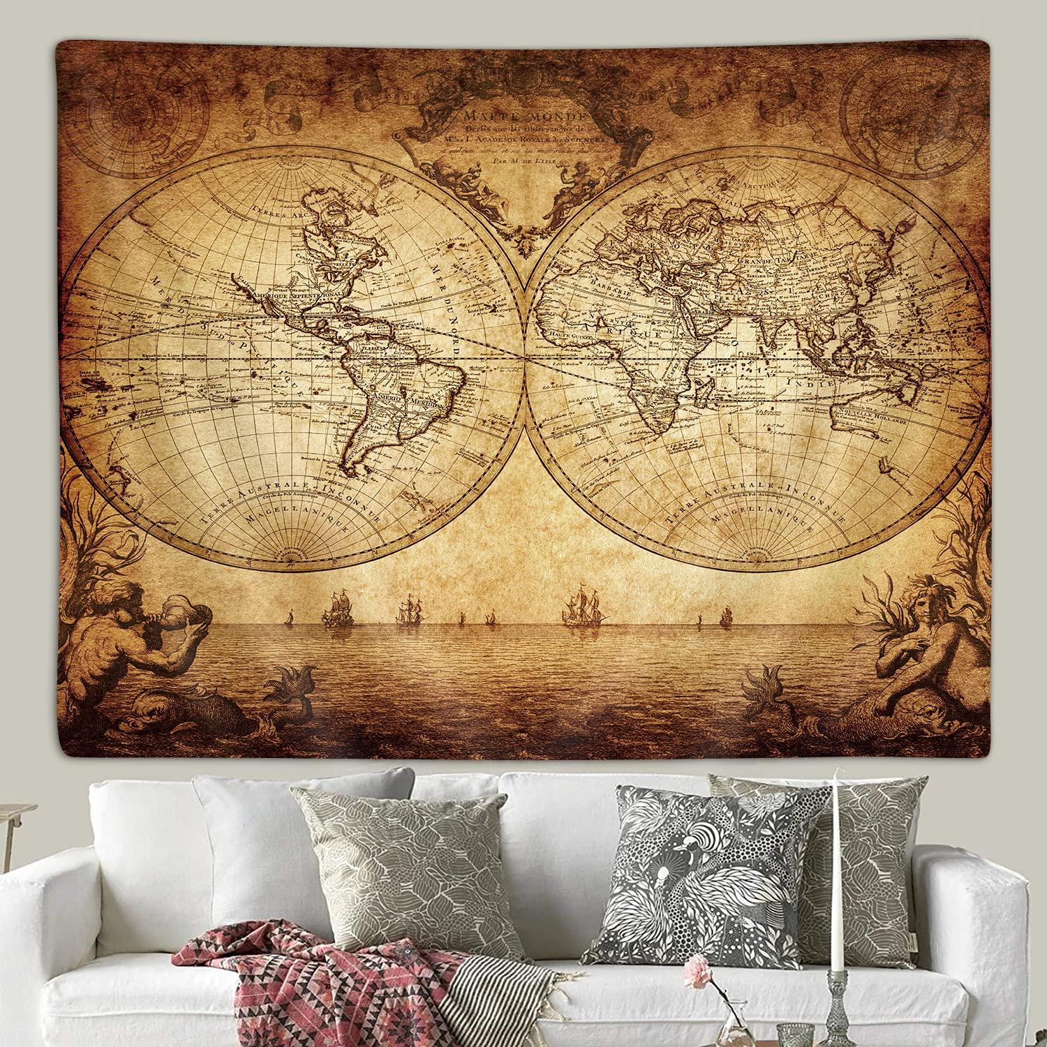Vintage World Map Tapestry Pirate Treasure Chart Dormitory Living Room Office Wall Hanging Home Decor 100X70CM