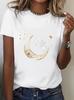 Women's Star and Moon PrintT-Shirt Casual Short Sleeve Crew Neck Top Breathable Top Suitable for Daily Wear Bohemian Golden Moon