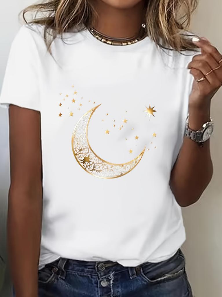 Women's Star and Moon PrintT-Shirt Casual Short Sleeve Crew Neck Top Breathable Top Suitable for Daily Wear Bohemian Golden Moon