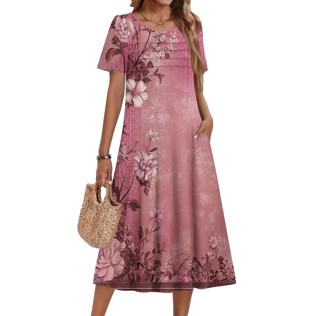Ladies' Floral Printed Casual And Fashionable Short Sleeved Round Neck Dress