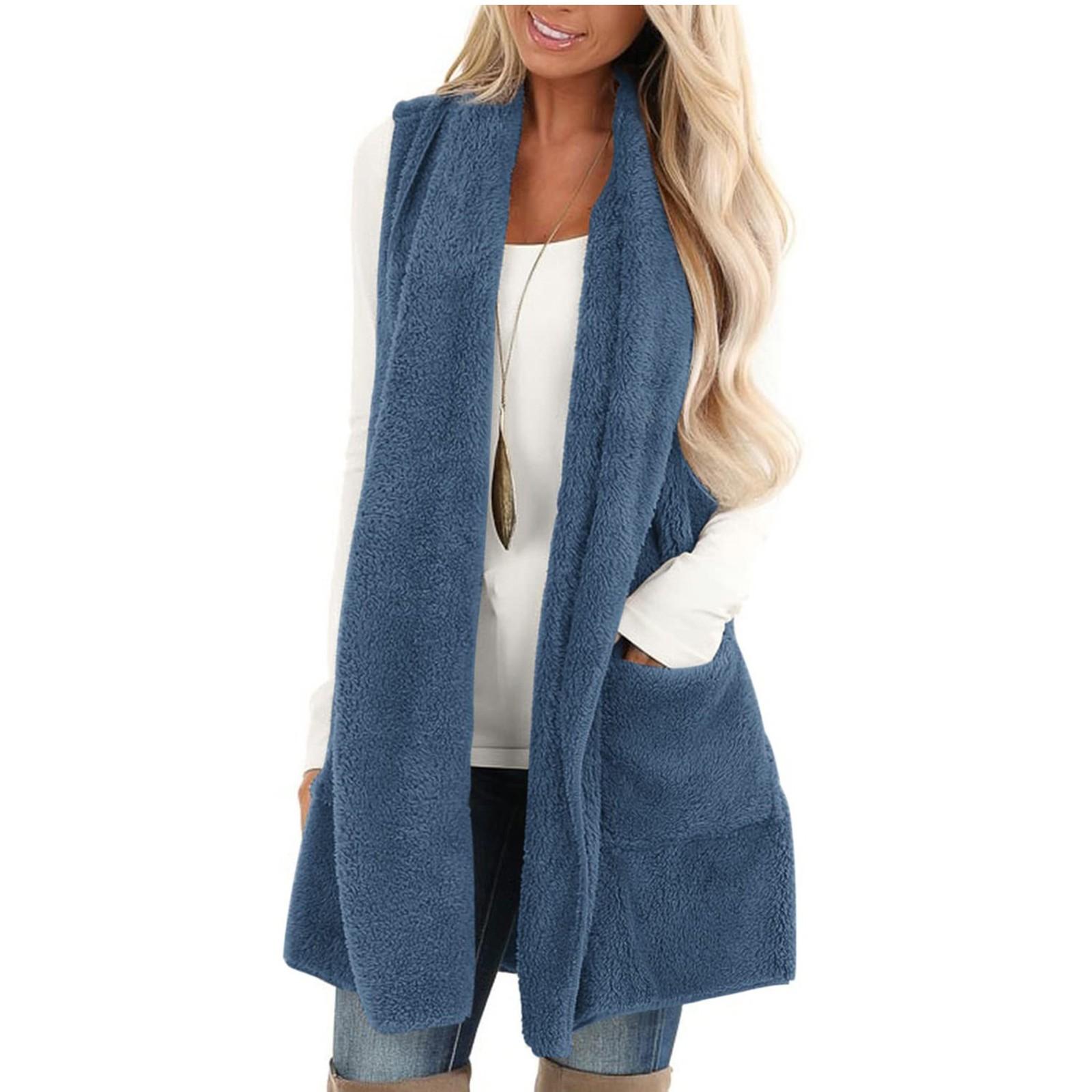 

Женское модное однотонное повседневное пальто из плюшевого жилета с карманами XXL синий