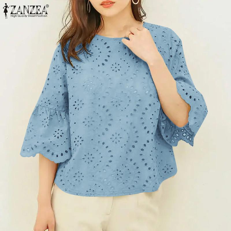 ZANZEA Dámská ležérní halenka s kulatým výstřihem, 3/4 rukávy, volná, krajková háčkovaná