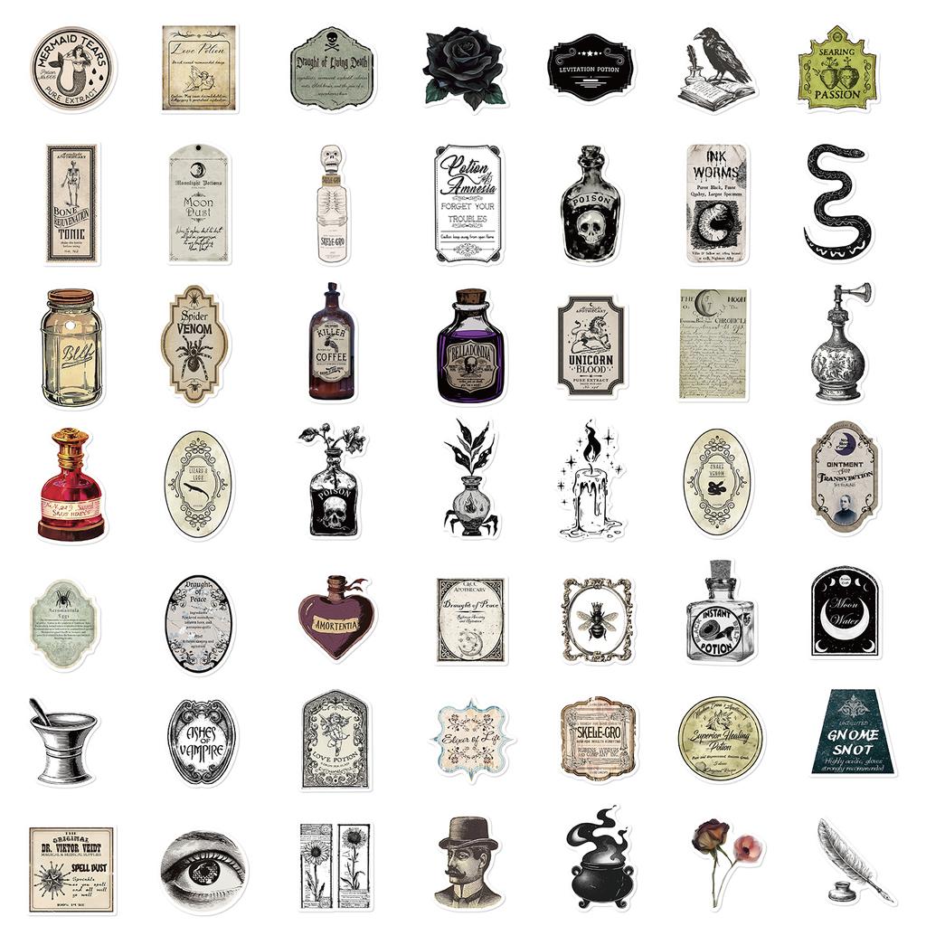 50PCS Retro Potion Label Gothic APothecary Stickers For Helmet Car Skateboard Laptop Phone Sticker DIY Graffiti Cool Decal