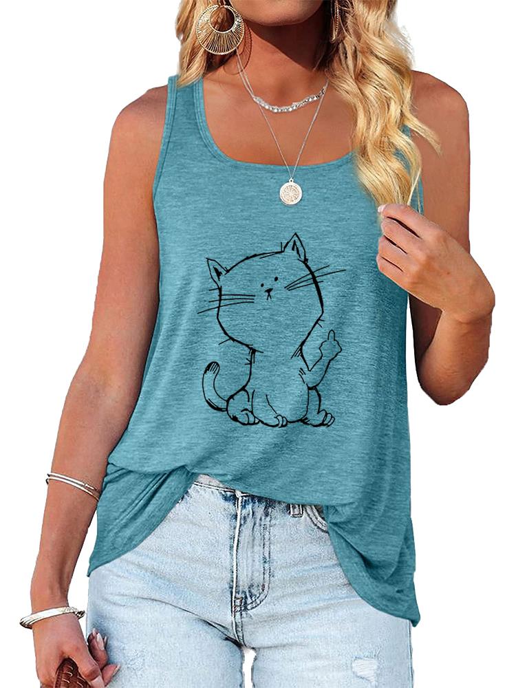 Women Fashion Cat Printed Tank Top Summer Casual Round Collar Sleeveless Shirt