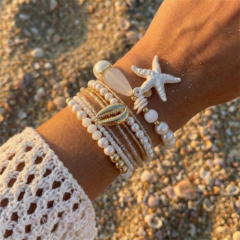 Bohemian Multi-layer White Starfish Charm Bracelet for Women Imitation Pearl Beaded Bracelet Summer Beach Vacation Jewelry Gift