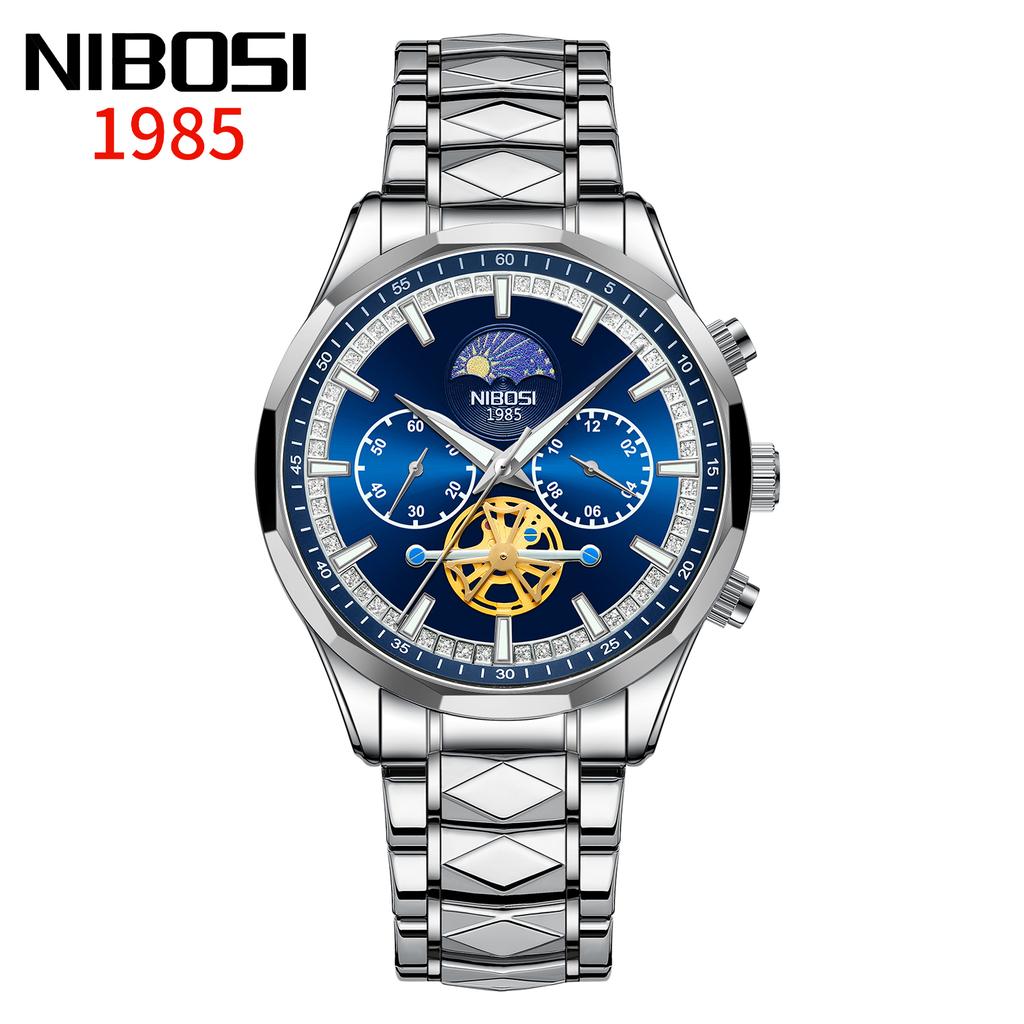 NIBOSI Star Moon Phase Watches Men Top Brand Luxury Automatic Watch for Men Luminous Waterproof Stainless Steel Quartz Clock