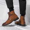 Fashion British New Winter Pointed Toe Men Mid-calf Business Boots Buckle Strap Boots Leather Monk Strap Shoes Street Motorcycle Boots