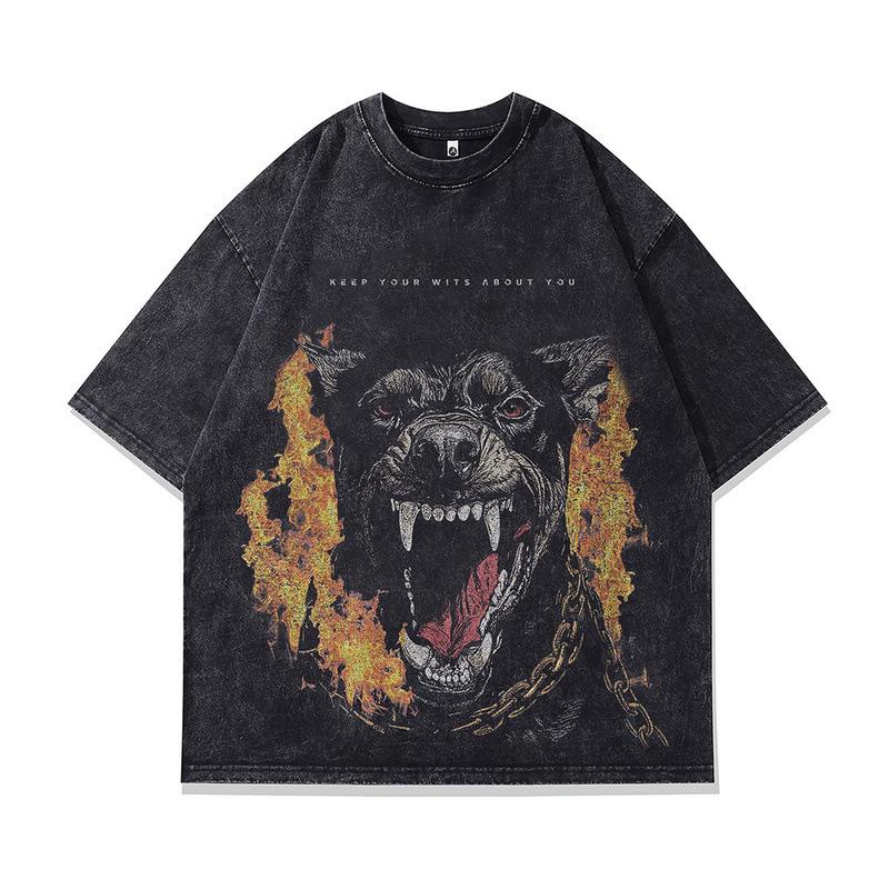Men'S T-Shirt American High Street Vintage Doberman Direct Injection Printing Loose Wash Short Sleeve T-Shirt