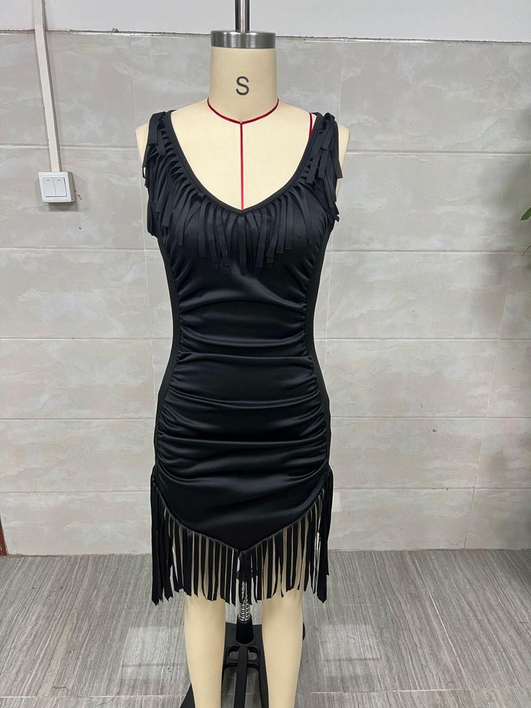 Retro Western Deep V Fringe Spaghetti Strap Slim Fit Dress