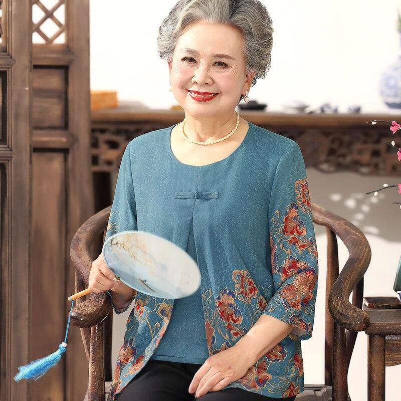 Datang Furen Elderly Women s Embroidered Round Neck 3/4 Sleeve Blouse 2XL (110-120 jin)