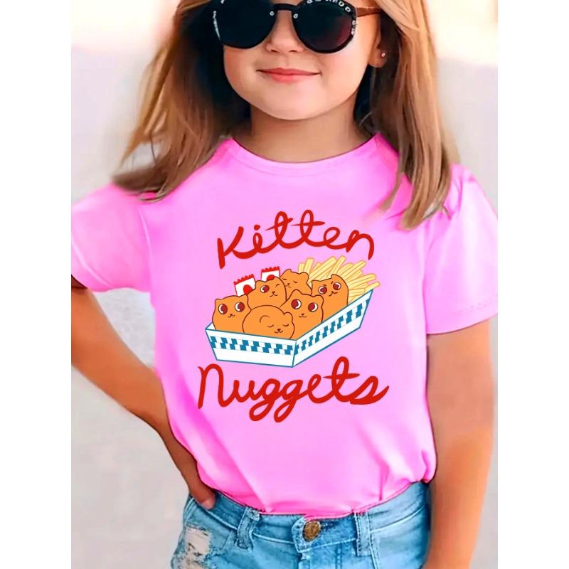 

European sizes Summer Fashion Girls Short Sleeve T-Shirt Kitten Nuggets Letter Element with Kitty, Chicken and French Fries Bento Print 164cm рожевий