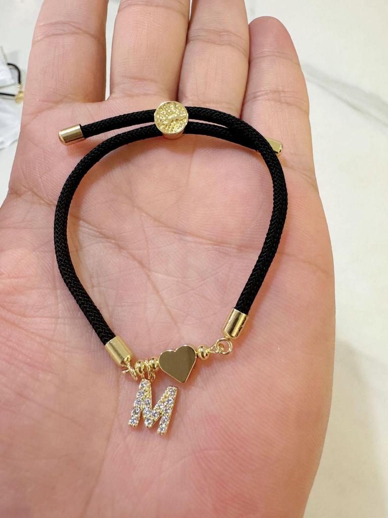 Classic A-Z Initial Heart Bracelet with Zircon on Adjustable Black Cord