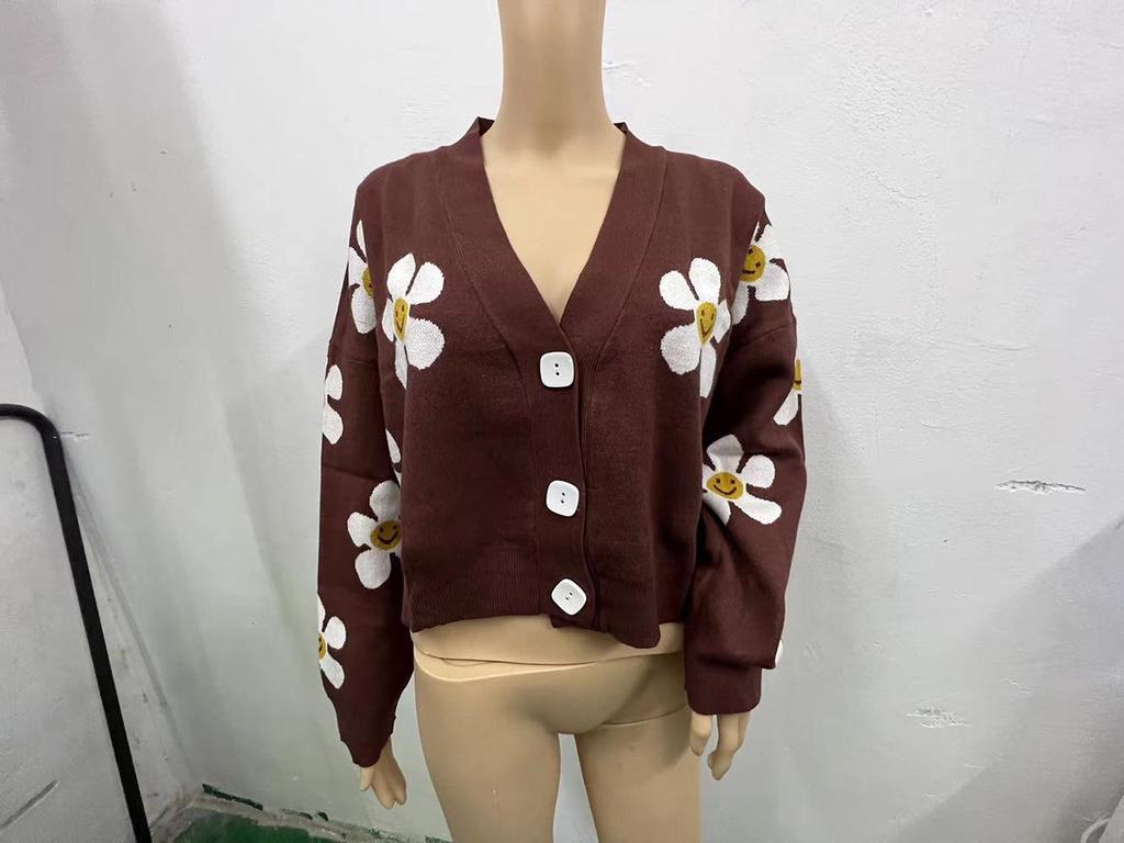 2022 Autumn/Winter Floral Knit V-Neck Cardigan Sweater for Women