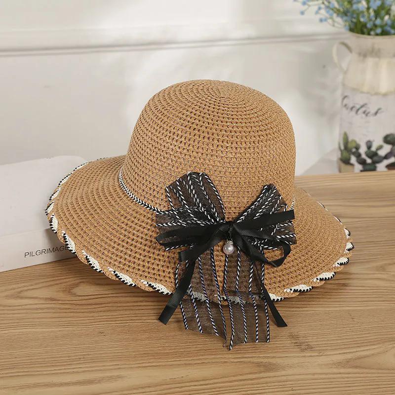 WTEMPO Black Striped Mesh Bow Pearl Women's Wide Brim Solid Color Sun Hats Elegant Casual Foldable Summer Outdoor Sunscreen Hats