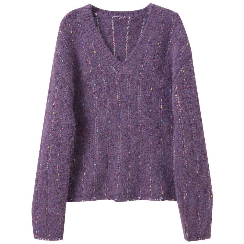 Sancai Women s V-Neck Striped Soft Knit Pullover L (165/88A)