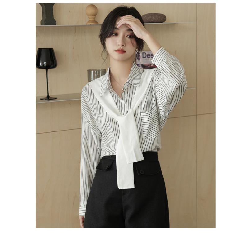 

Весенняя полосатая рубашка с шалью, женская свободная дизайнерская блузка с длинным рукавом, нишевые топы XXL белый