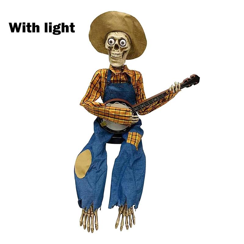 40CM Vtipné animované kostlivci hrající na banjo s červenýma LED očima Halloweenské houslové kostlivé ozdoby Kytarová lebka Dekorativní ozdoby
