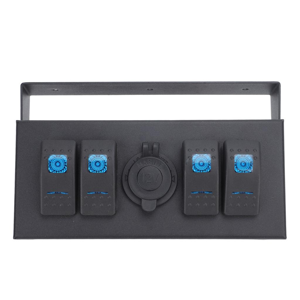 4 Gang Rocker Switch Box DC 12‑24V ON Off Toggle Panel Box with Cigarette Lighter Port Back Light for Boats Yachts RV