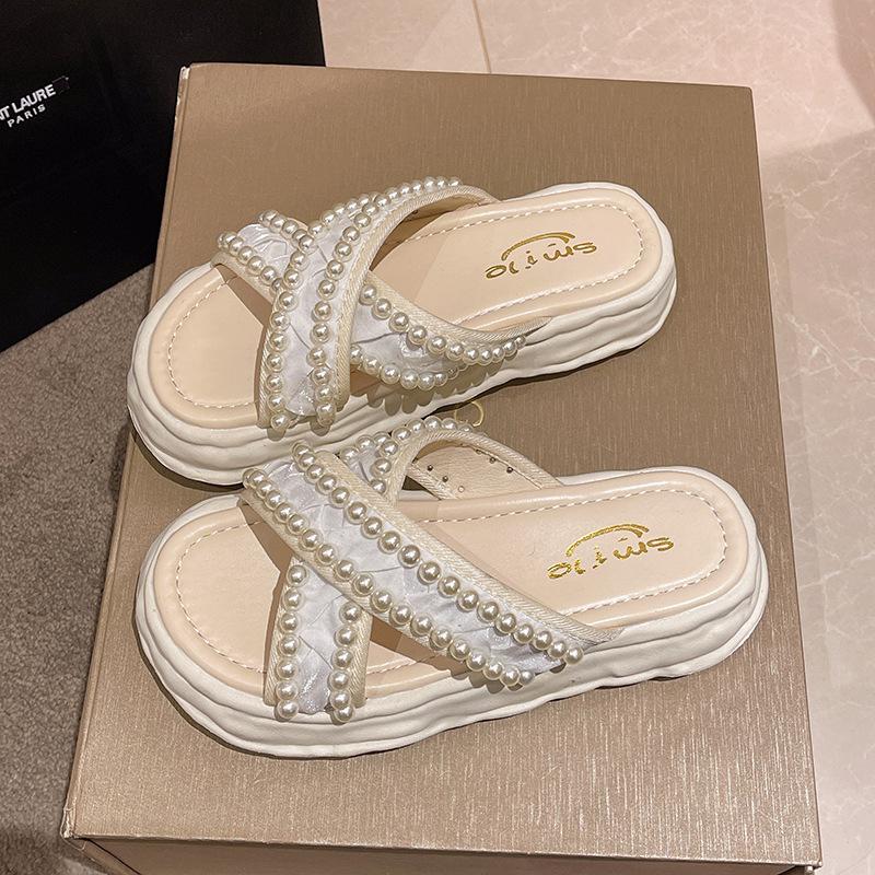 Slippers Women's Summer Outer Wear 2025 New Green Cross-dissolved Thick-bottomed Pearls with Skirt Sandals