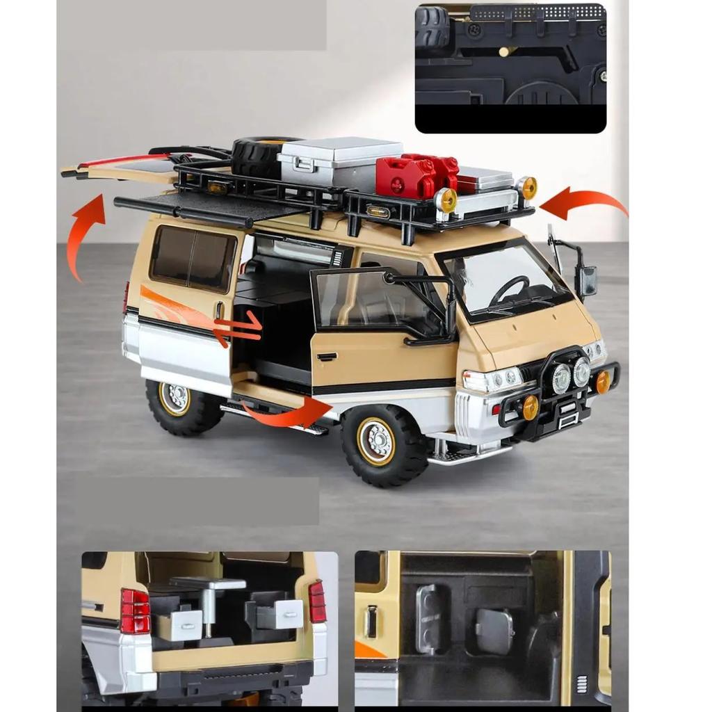 Maßstab 1/24 Mitsubishi Delica Campingvan MPV Spielzeugauto Modell Diecast Fahrzeug Miniatur Rückzugsantrieb Sound & Licht Sammlung Geschenk für Kind