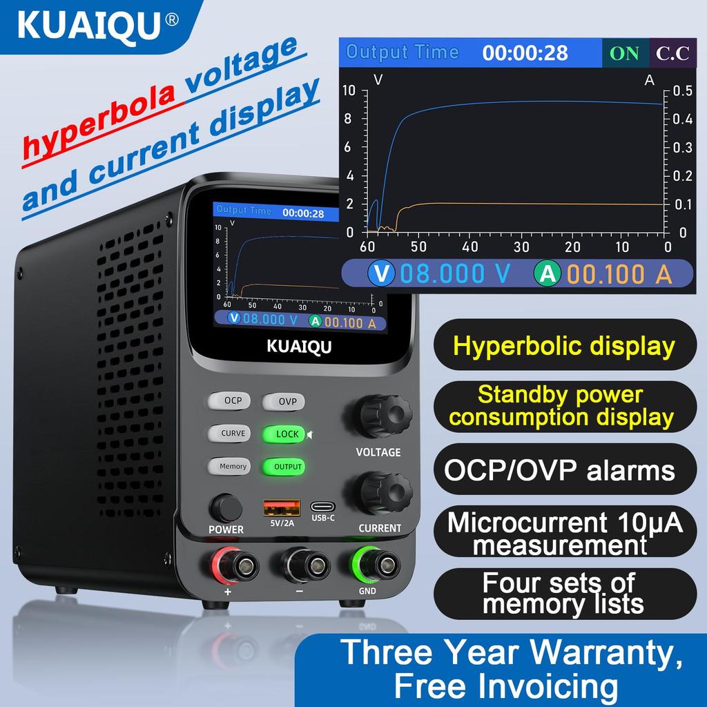 Regolatori di Tensione Variabili 0-30V 0-10A 300W, KUAIQU, Display TFT a 5 Cifre 0.01mA Visualizzazione Curva Tensione Corrente OCP OVP Per Rilevamento Consumo Energetico