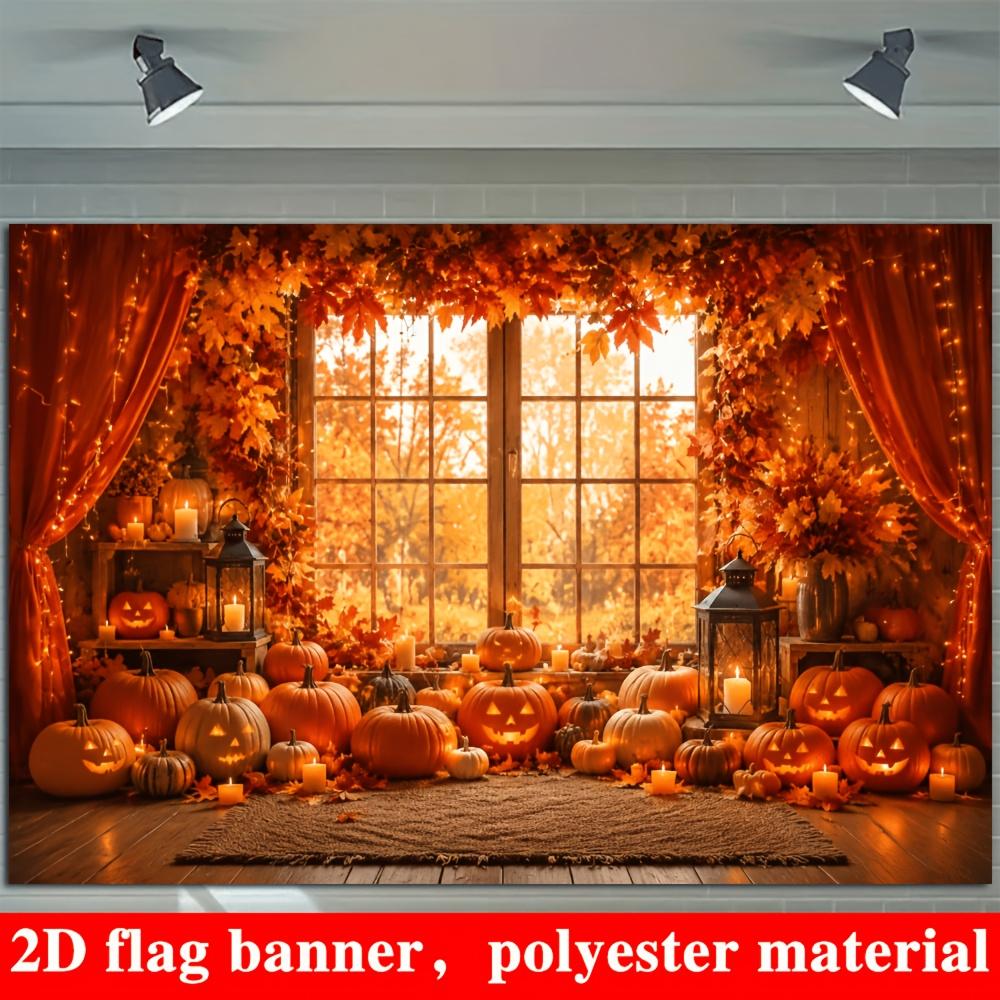 2D flat flag Halloween autumn-themed background fabric with pumpkin lanterns and autumn leaves candleszyc