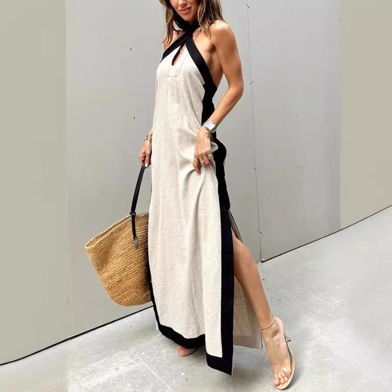 YYFS Women's Fashion Summer Spring Sleeveless Hanging Neck Middle Waistline Casual Dresses