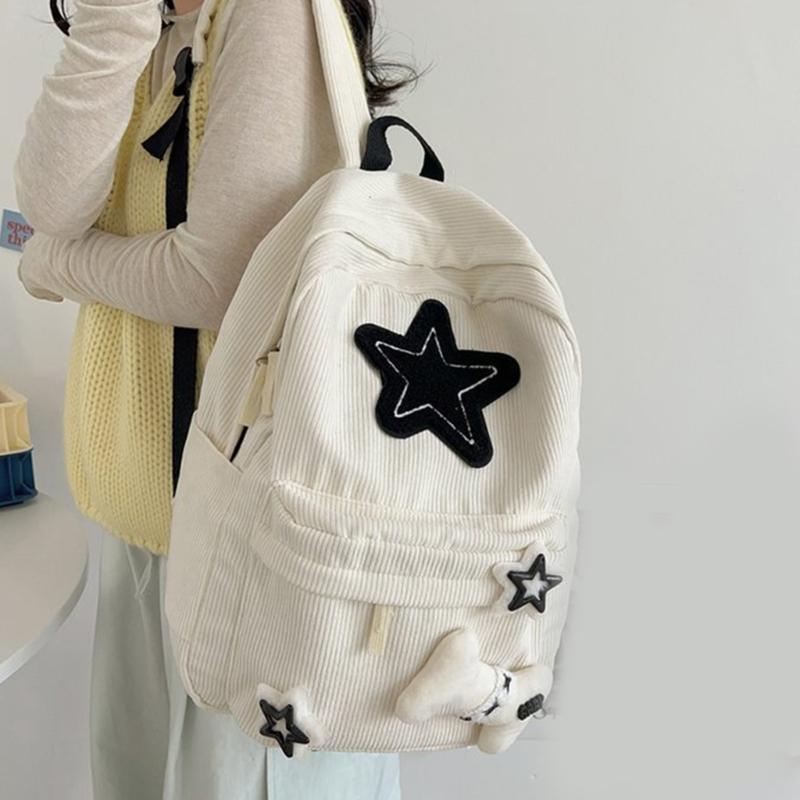 School Backpack with Star Pattern Shoulder Bag Large Capacity Bookbags for Girl Student Versatile Corduroy Rucksack