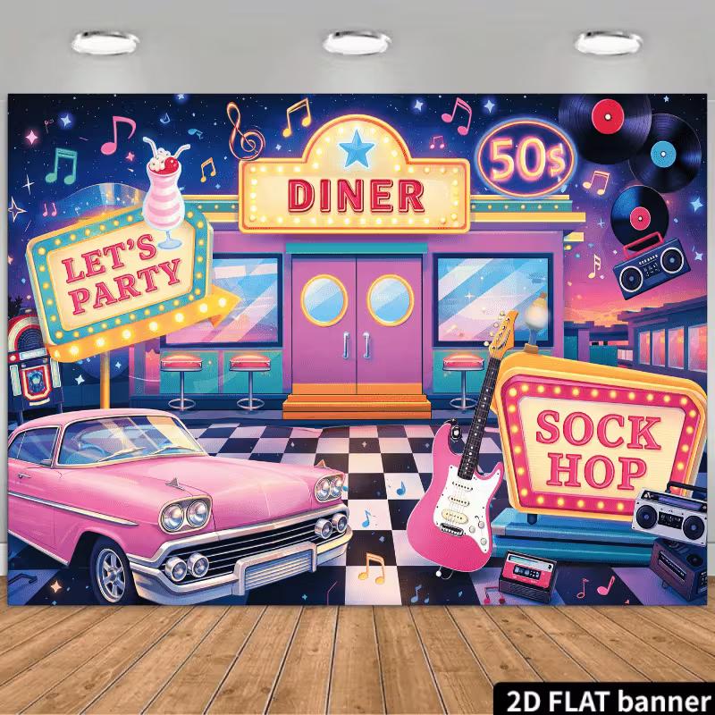 2D Vintage 50s Sock Hop Backdrop Retro Diner, Pink Cadillac  Jukebox Party Background 47.2x31.5inch/120*80cm