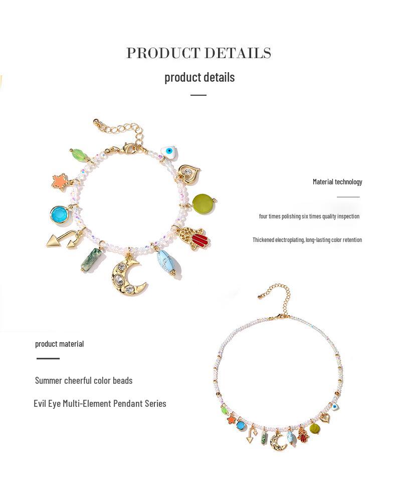 Kenjie Summer Colorful Multi-Pendant Necklace & Bracelet Set: Moon & Star Design for Women.