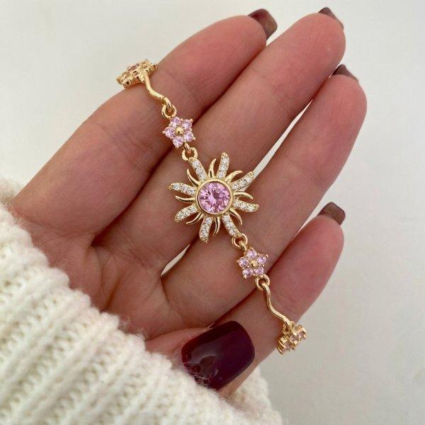 Trendy Y2K Fairy Pink Crystal Zircon Sakura Flowers Bracelet for Women Sweet Cherry Blossom Moon Bow Knot Jewelry Gifts