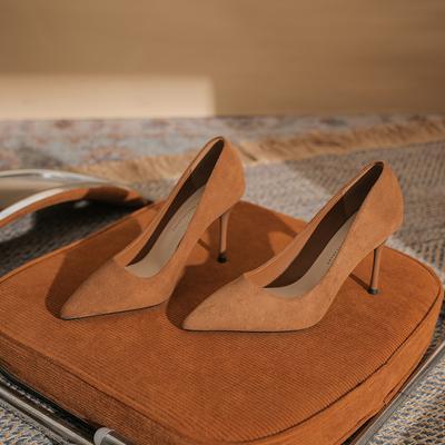 Suede High Heels Autumn and Winter New Versatile Fashion Black Etiquette Thin Heel Pointed Single Shoes Women