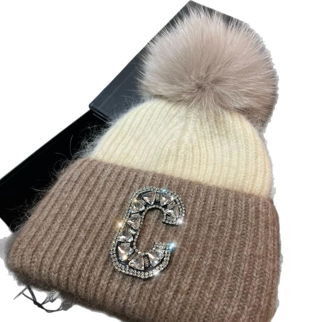 C Russian Winter Outdoor Thickened Double-Layer Warm Rabbit Fur Knitted Hat Northern Cold Fox Hairball Ear Protection Hat