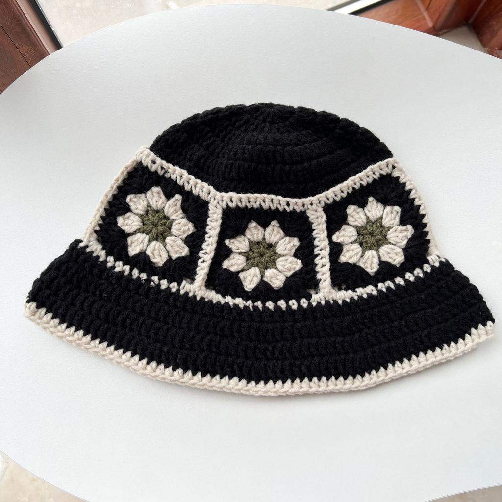 Flower Crochet Bucket Hat Women's Autumn and Winter Warm Wool Handmade Hat Foreign Style Versatile Age-reducing Basin Hat Ethnic Trend