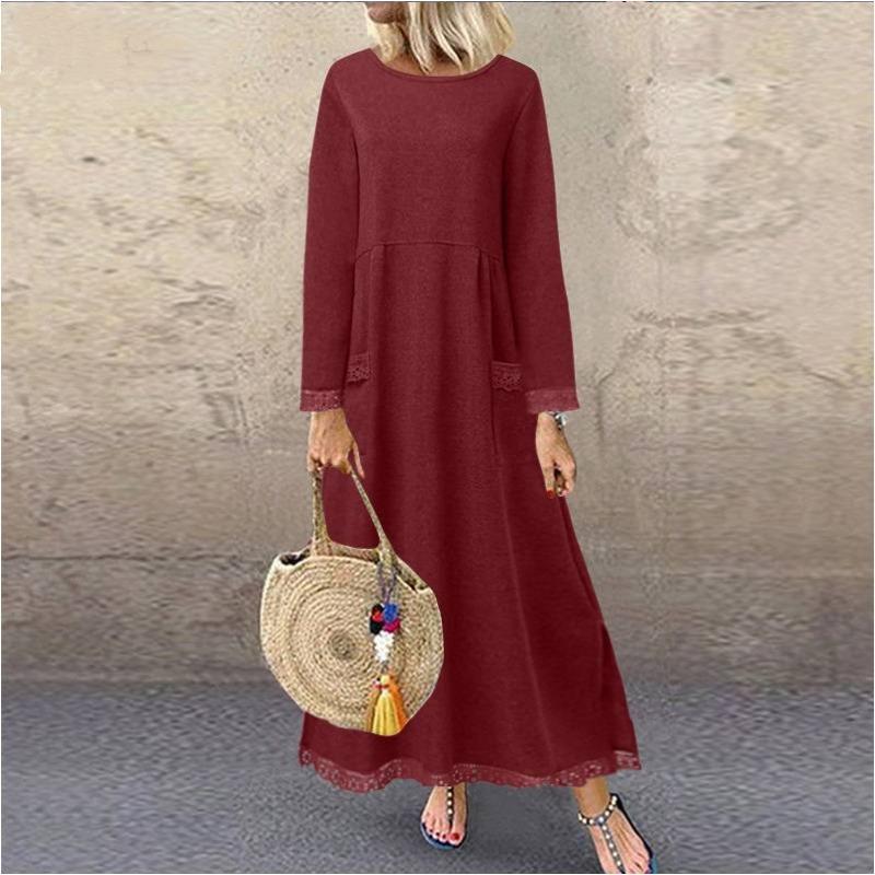 Women's Fashion Autumn Winter Solid Color Print Long  Sleeve ONeck High Waist Casual Lace and Velvet Dresses