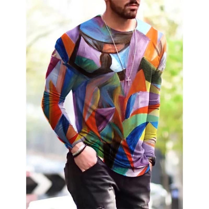 Módní vícebarevné lakované tričko s 3D potiskem Podzimní trend Street Prodyšné Harajuku Ležérní Pánská trička s dlouhým rukávem
