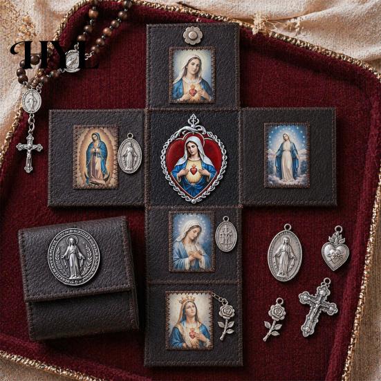 Home Altar Decor Portable Catholic Altar, Handmade Pocket Prayer Shrine, Faux Leather Spiritual Icon Foldable Devotional Religious Gift for Christian