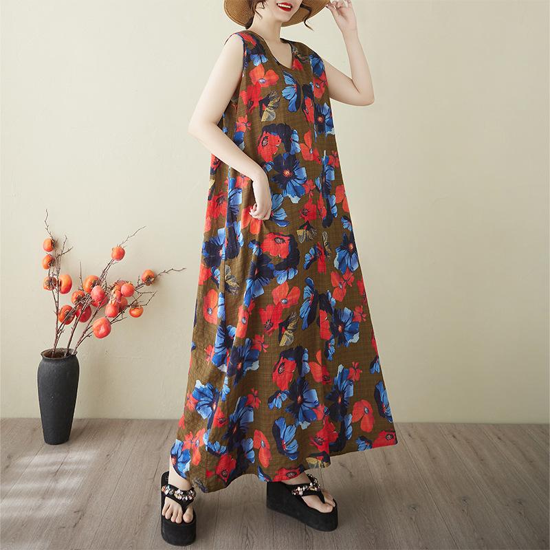 2025 Korean-Style V-Neck Sleeveless Cotton Linen Summer Nightgown - Loose Fit One Size Plus