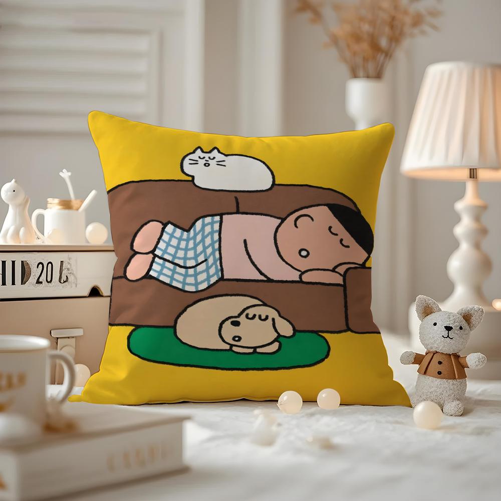 Cat Daily Life Illustrations Cushion Cover Pattern Printed Pillowcase For Living Room Sofa Cushion Cover & Bedroom Decor
